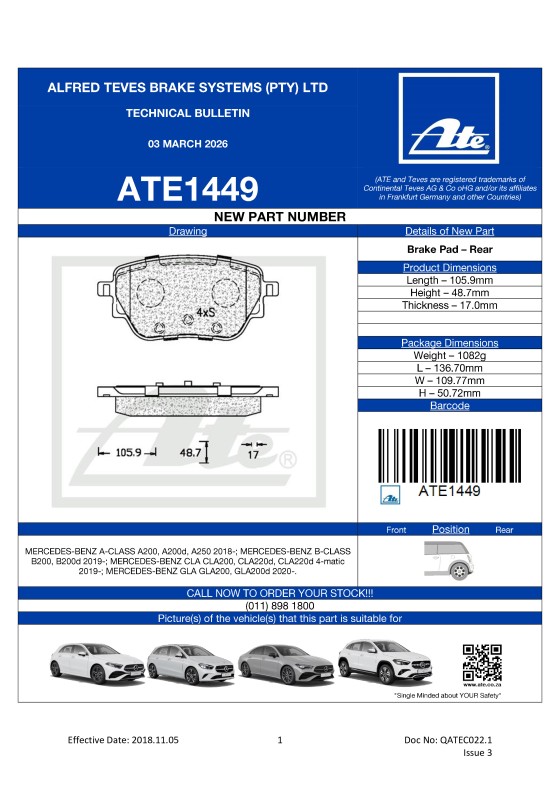 ATE1449 NEW! Brake Disc for Mercedes-Benz A-Class, Mercedes-Benz B-Class, Mercedes-Benz CLA, Mercedes-Benz GLA featured image